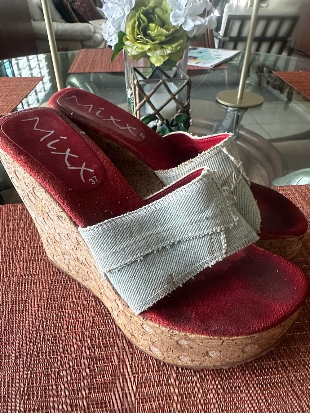 Mixx Shuz Red Footbed Cork Wedges with Light Denim Strap